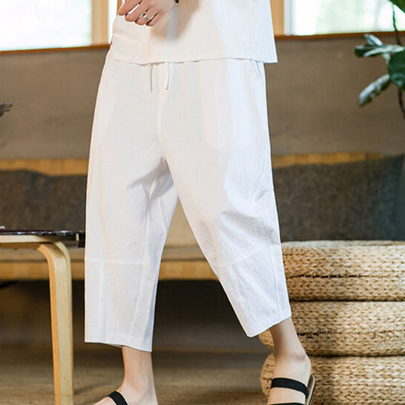 Buddha Stones Simple Design Drawstring Cotton Linen Men's Solid Color Harem Pants With Pockets