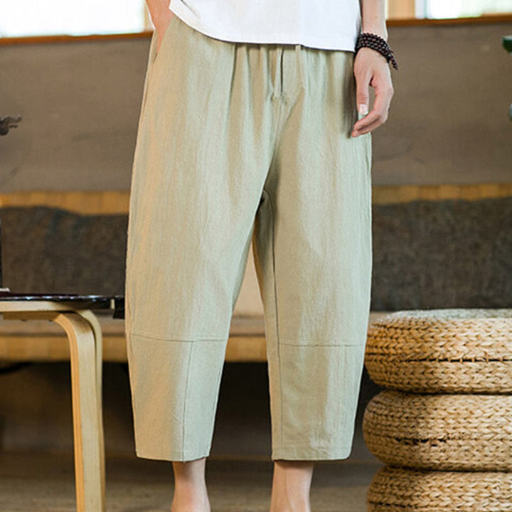 Buddha Stones Simple Design Drawstring Cotton Linen Men's Solid Color Harem Pants With Pockets