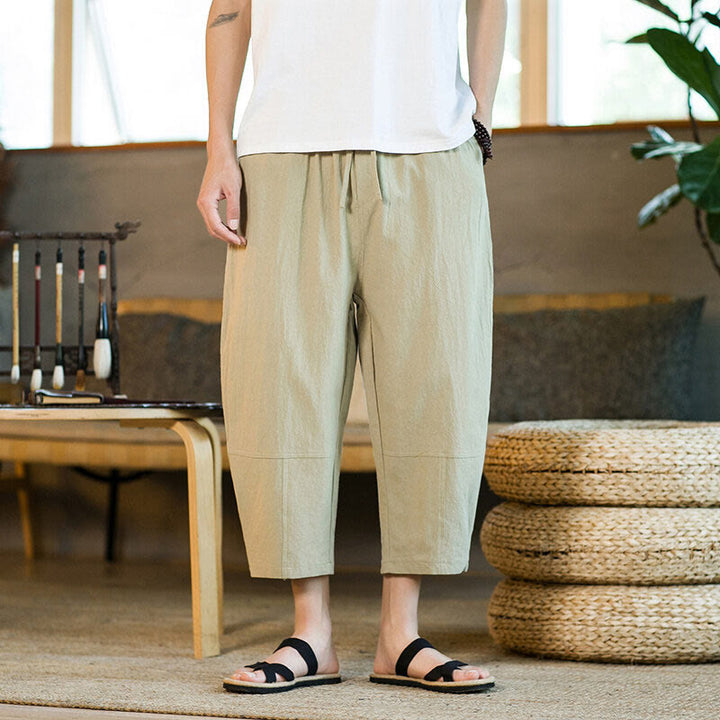 Buddha Stones Simple Design Drawstring Cotton Linen Men's Solid Color Harem Pants With Pockets