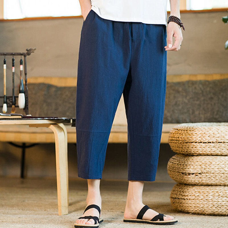Buddha Stones Simple Design Drawstring Cotton Linen Men's Solid Color Harem Pants With Pockets