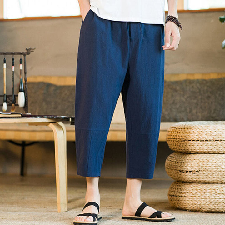Buddha Stones Simple Design Drawstring Cotton Linen Men's Solid Color Harem Pants With Pockets