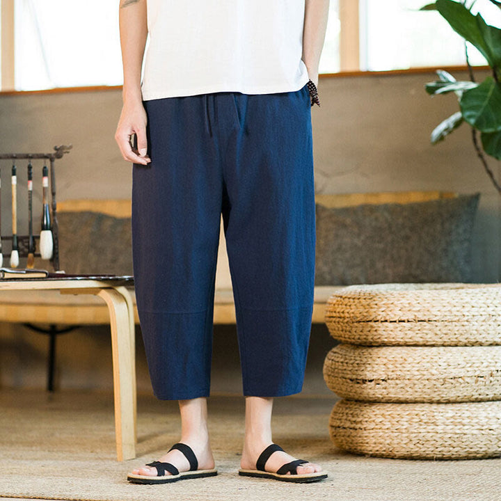 Buddha Stones Simple Design Drawstring Cotton Linen Men's Solid Color Harem Pants With Pockets