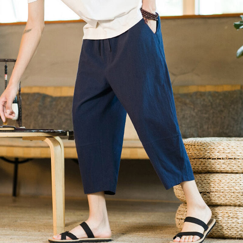 Buddha Stones Simple Design Drawstring Cotton Linen Men's Solid Color Harem Pants With Pockets