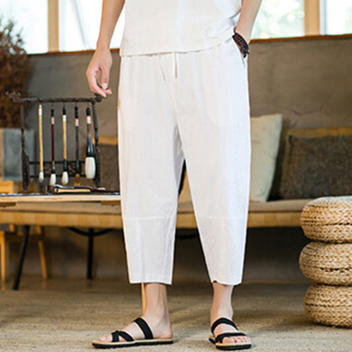 Buddha Stones Simple Design Drawstring Cotton Linen Men's Solid Color Harem Pants With Pockets