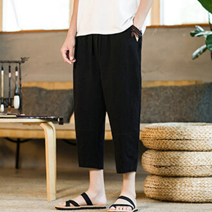 Buddha Stones Simple Design Drawstring Cotton Linen Men's Solid Color Harem Pants With Pockets