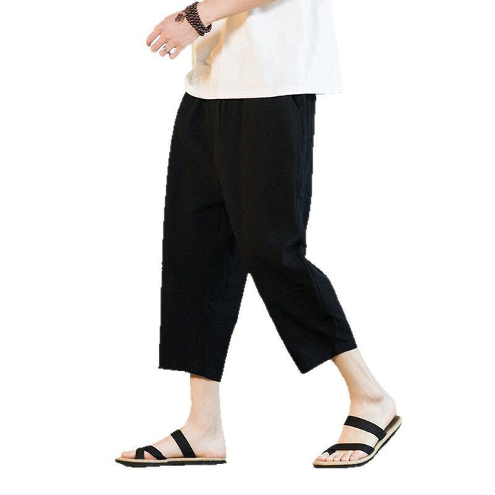 Buddha Stones Simple Design Drawstring Cotton Linen Men's Solid Color Harem Pants With Pockets
