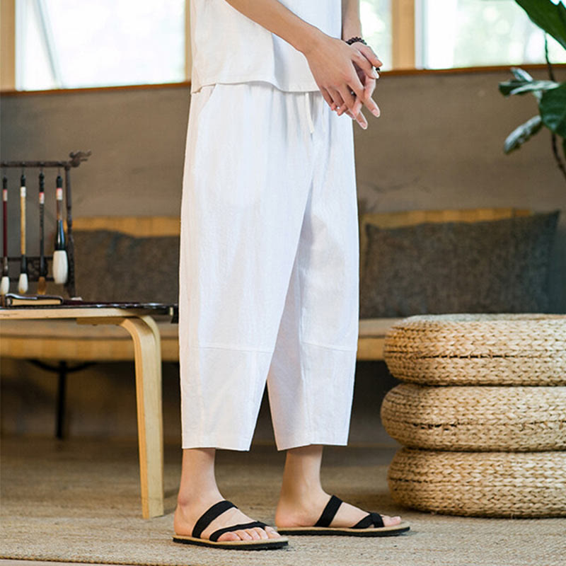 Buddha Stones Simple Design Drawstring Cotton Linen Men's Solid Color Harem Pants With Pockets