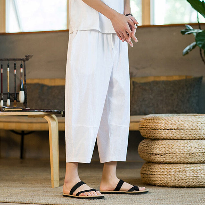 Buddha Stones Simple Design Drawstring Cotton Linen Men's Solid Color Harem Pants With Pockets