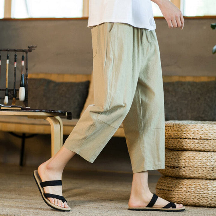 Buddha Stones Simple Design Drawstring Cotton Linen Men's Solid Color Harem Pants With Pockets