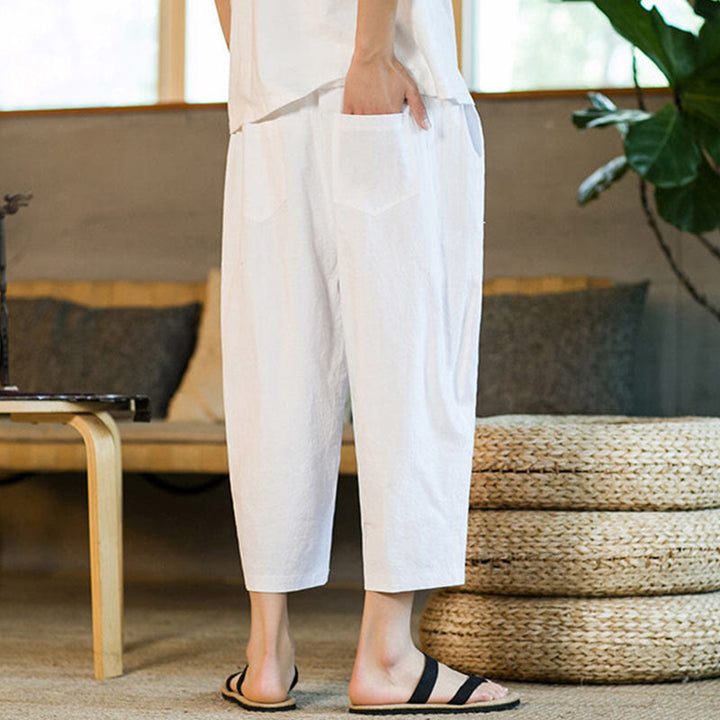 Buddha Stones Simple Design Drawstring Cotton Linen Men's Solid Color Harem Pants With Pockets