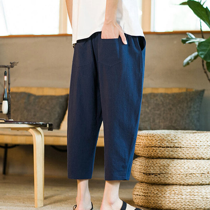 Buddha Stones Simple Design Drawstring Cotton Linen Men's Solid Color Harem Pants With Pockets