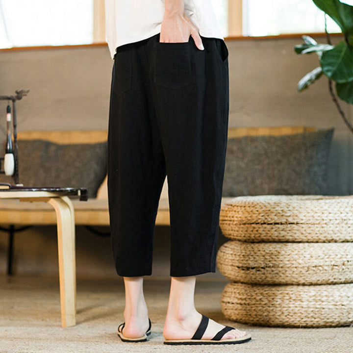 Buddha Stones Simple Design Drawstring Cotton Linen Men's Solid Color Harem Pants With Pockets