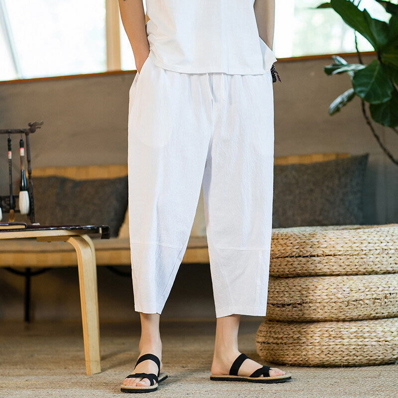 Buddha Stones Simple Design Drawstring Cotton Linen Men's Solid Color Harem Pants With Pockets
