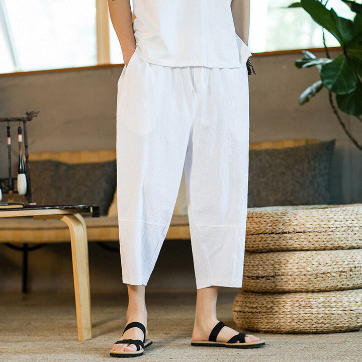 Buddha Stones Simple Design Drawstring Cotton Linen Men's Solid Color Harem Pants With Pockets