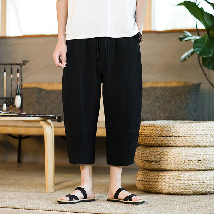 Buddha Stones Simple Design Drawstring Cotton Linen Men's Solid Color Harem Pants With Pockets
