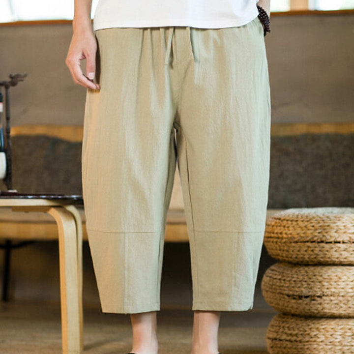 Buddha Stones Simple Design Drawstring Cotton Linen Men's Solid Color Harem Pants With Pockets