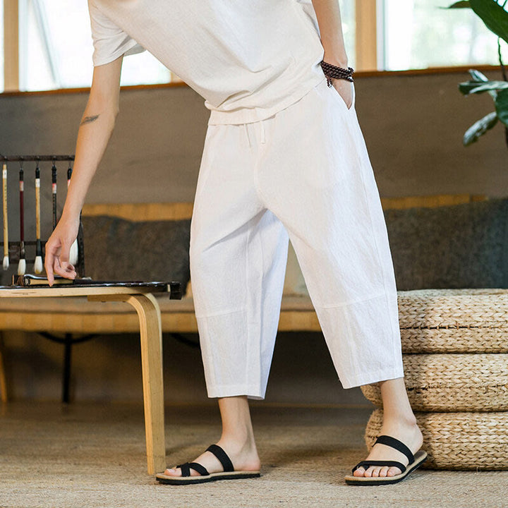 Buddha Stones Simple Design Drawstring Cotton Linen Men's Solid Color Harem Pants With Pockets