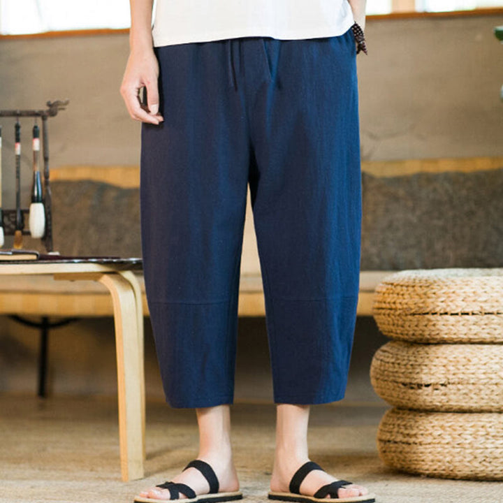 Buddha Stones Simple Design Drawstring Cotton Linen Men's Solid Color Harem Pants With Pockets