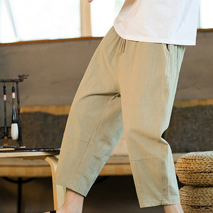 Buddha Stones Simple Design Drawstring Cotton Linen Men's Solid Color Harem Pants With Pockets