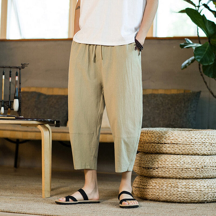 Buddha Stones Simple Design Drawstring Cotton Linen Men's Solid Color Harem Pants With Pockets