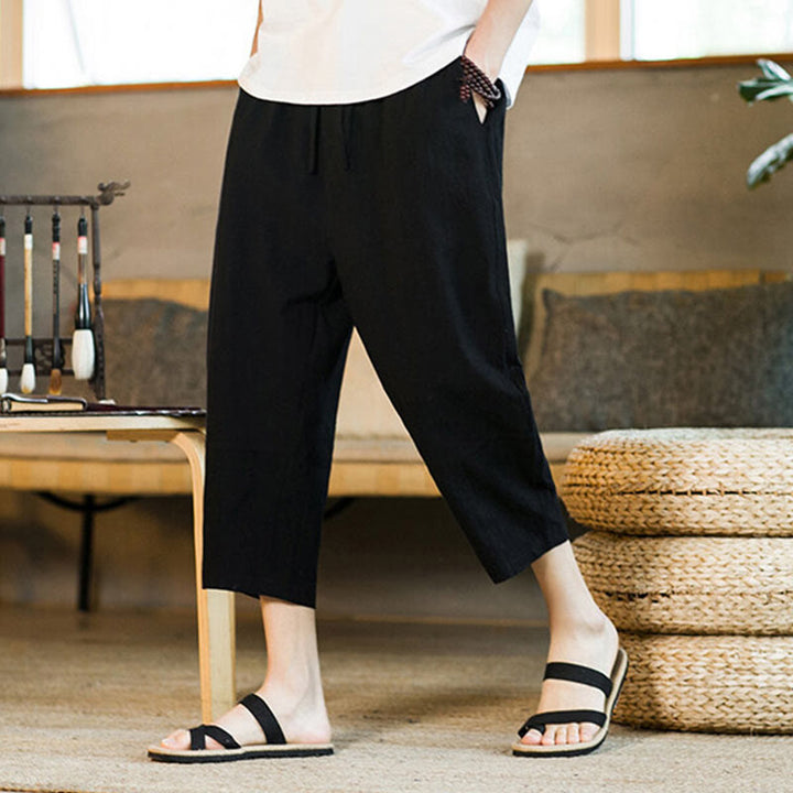 Buddha Stones Simple Design Drawstring Cotton Linen Men's Solid Color Harem Pants With Pockets