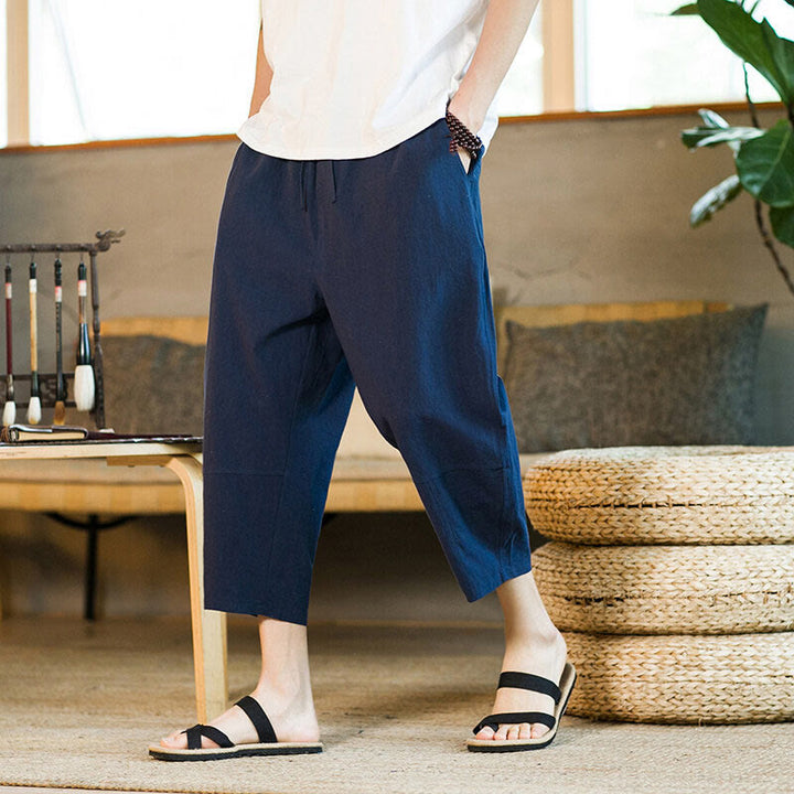 Buddha Stones Simple Design Drawstring Cotton Linen Men's Solid Color Harem Pants With Pockets