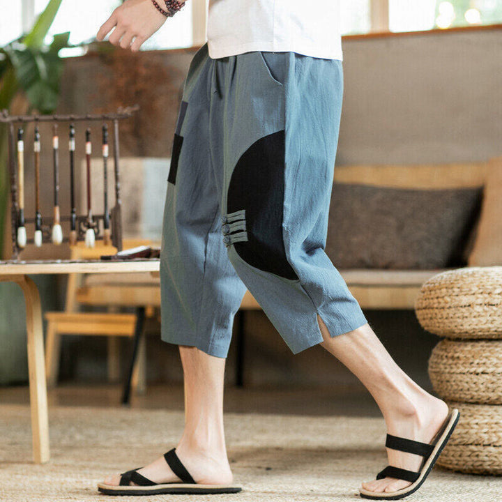 Buddha Stones Casual Color Block Design 7-8 Length Men's Cotton Linen Drawstring Pants With Pockets