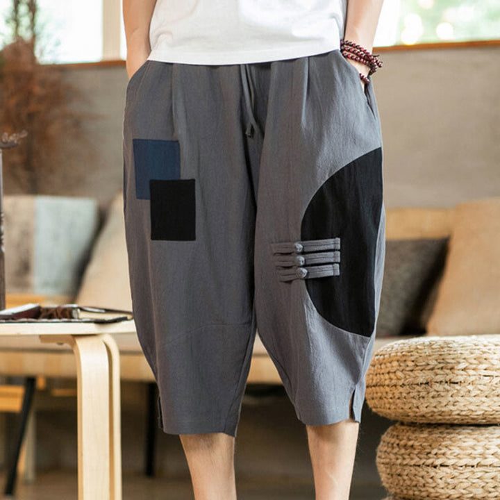Buddha Stones Casual Color Block Design 7-8 Length Men's Cotton Linen Drawstring Pants With Pockets