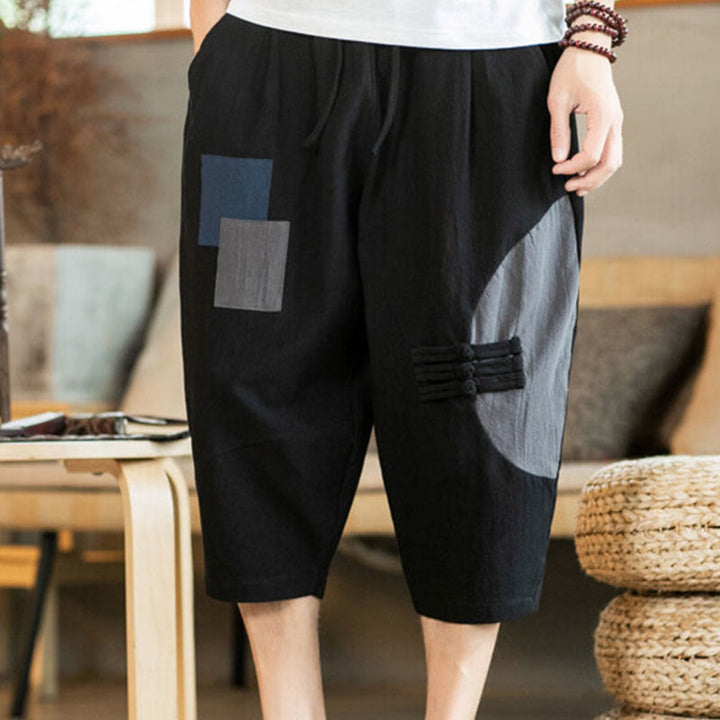 Buddha Stones Casual Color Block Design 7-8 Length Men's Cotton Linen Drawstring Pants With Pockets