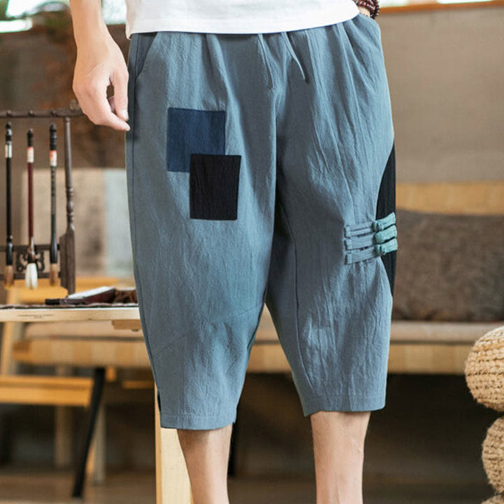 Buddha Stones Casual Color Block Design 7-8 Length Men's Cotton Linen Drawstring Pants With Pockets
