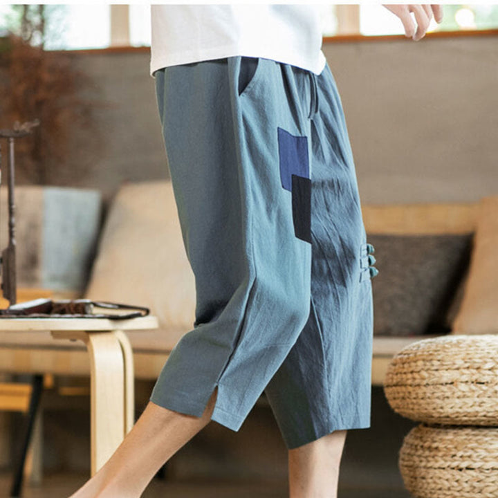 Buddha Stones Casual Color Block Design 7-8 Length Men's Cotton Linen Drawstring Pants With Pockets