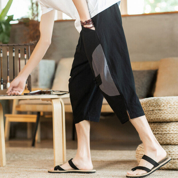 Buddha Stones Casual Color Block Design 7-8 Length Men's Cotton Linen Drawstring Pants With Pockets