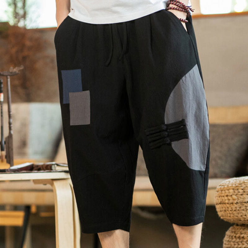 Buddha Stones Casual Color Block Design 7-8 Length Men's Cotton Linen Drawstring Pants With Pockets