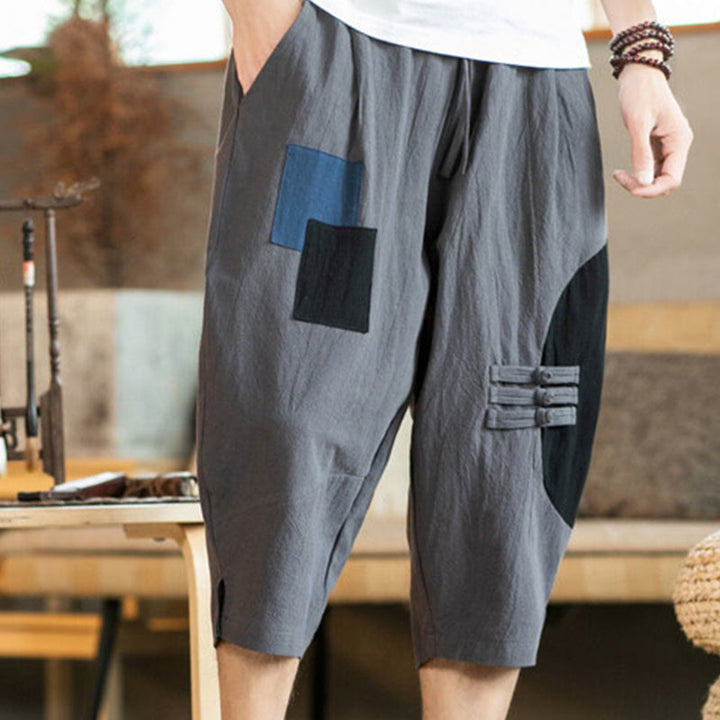 Buddha Stones Casual Color Block Design 7-8 Length Men's Cotton Linen Drawstring Pants With Pockets