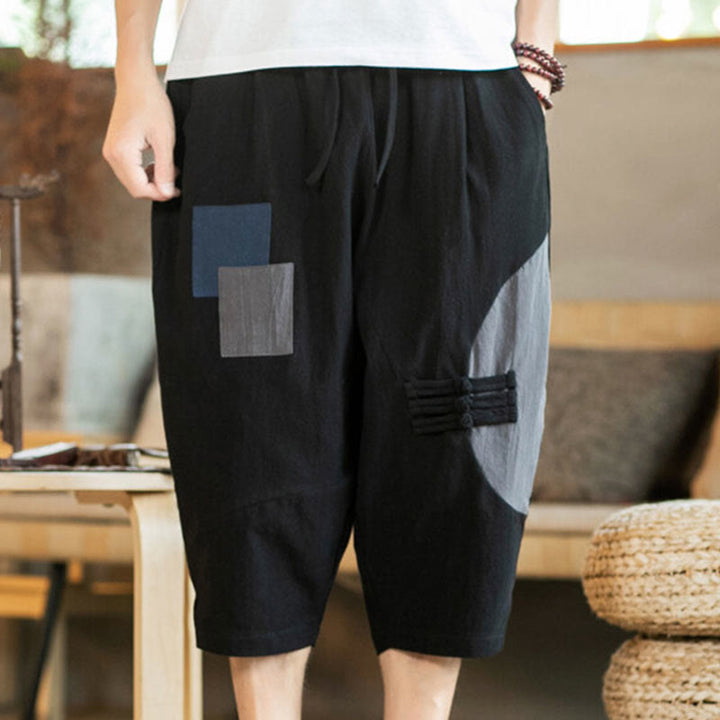 Buddha Stones Casual Color Block Design 7-8 Length Men's Cotton Linen Drawstring Pants With Pockets