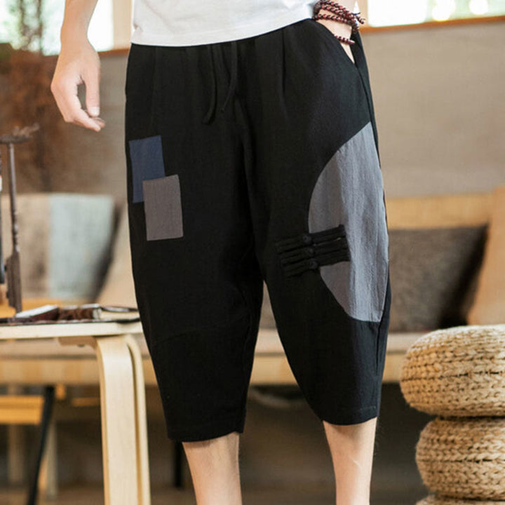 Buddha Stones Casual Color Block Design 7-8 Length Men's Cotton Linen Drawstring Pants With Pockets