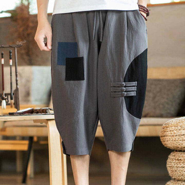 Buddha Stones Casual Color Block Design 7-8 Length Men's Cotton Linen Drawstring Pants With Pockets