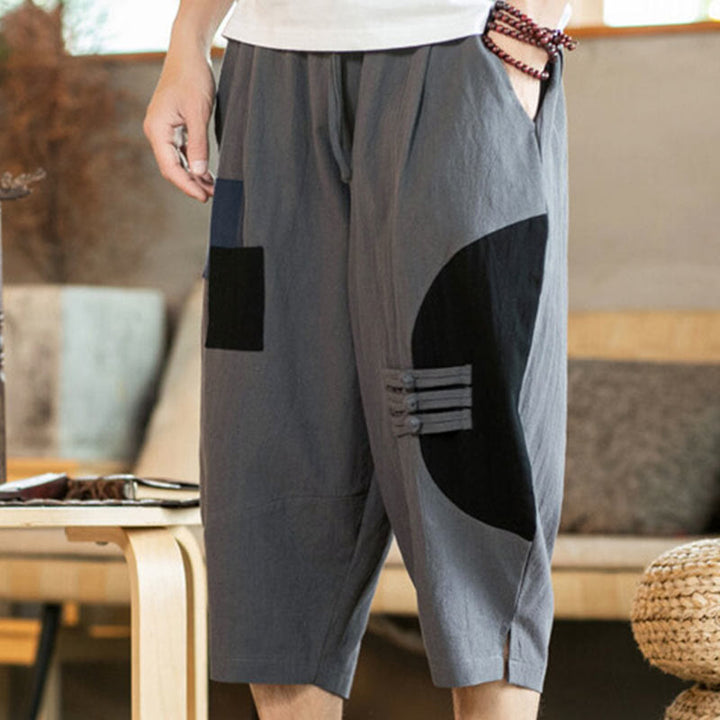 Buddha Stones Casual Color Block Design 7-8 Length Men's Cotton Linen Drawstring Pants With Pockets