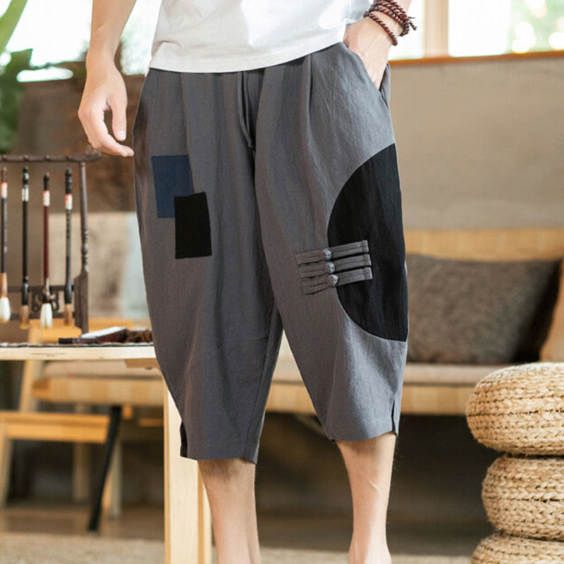 Buddha Stones Casual Color Block Design 7-8 Length Men's Cotton Linen Drawstring Pants With Pockets