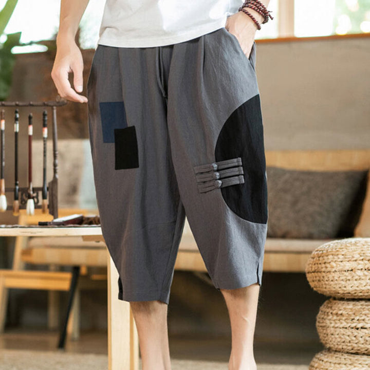 Buddha Stones Casual Color Block Design 7-8 Length Men's Cotton Linen Drawstring Pants With Pockets