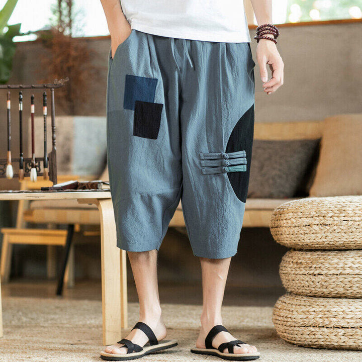 Buddha Stones Casual Color Block Design 7-8 Length Men's Cotton Linen Drawstring Pants With Pockets