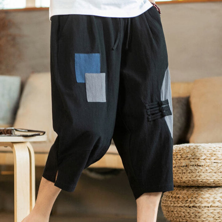 Buddha Stones Casual Color Block Design 7-8 Length Men's Cotton Linen Drawstring Pants With Pockets