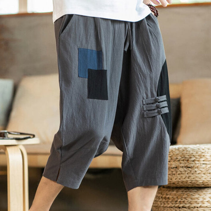 Buddha Stones Casual Color Block Design 7-8 Length Men's Cotton Linen Drawstring Pants With Pockets