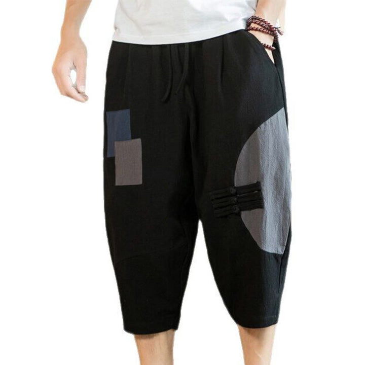 Buddha Stones Casual Color Block Design 7-8 Length Men's Cotton Linen Drawstring Pants With Pockets