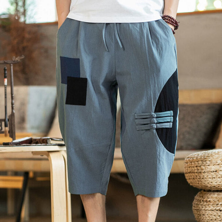 Buddha Stones Casual Color Block Design 7-8 Length Men's Cotton Linen Drawstring Pants With Pockets