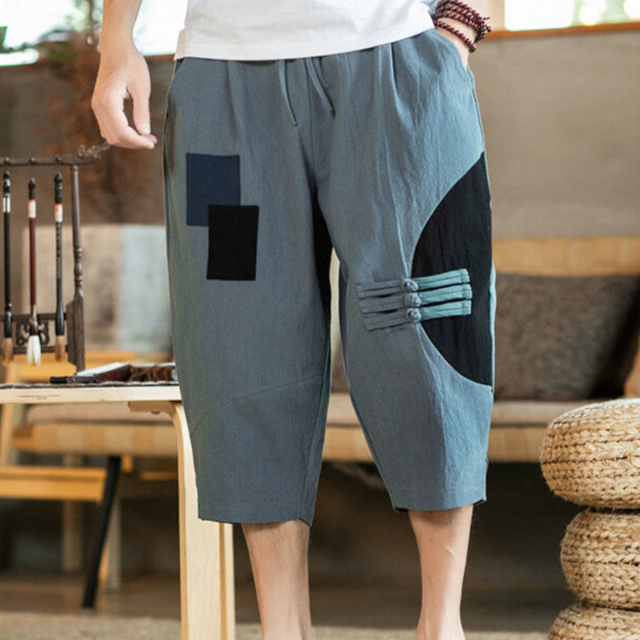 Buddha Stones Casual Color Block Design 7-8 Length Men's Cotton Linen Drawstring Pants With Pockets