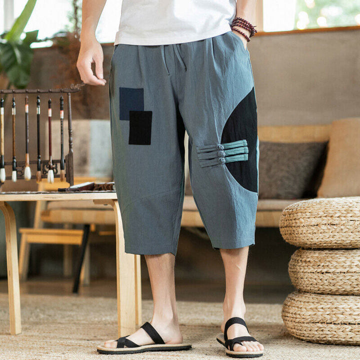 Buddha Stones Casual Color Block Design 7-8 Length Men's Cotton Linen Drawstring Pants With Pockets