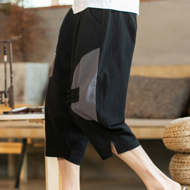 Buddha Stones Casual Color Block Design 7-8 Length Men's Cotton Linen Drawstring Pants With Pockets