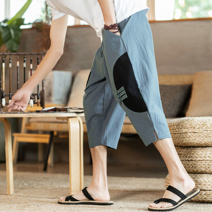 Buddha Stones Casual Color Block Design 7-8 Length Men's Cotton Linen Drawstring Pants With Pockets