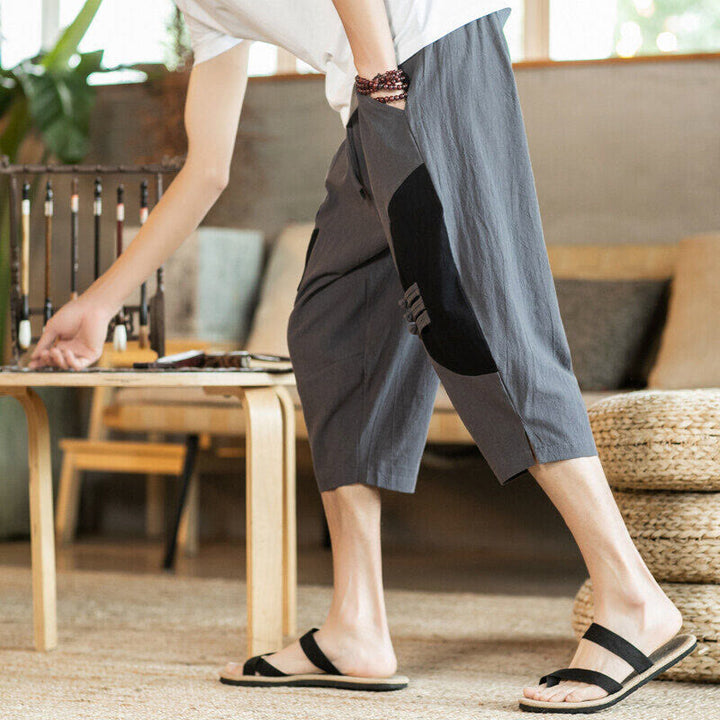Buddha Stones Casual Color Block Design 7-8 Length Men's Cotton Linen Drawstring Pants With Pockets